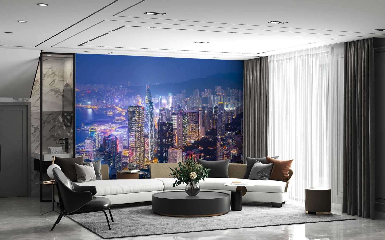 Fototapeten Ein Panoramablick auf Hongkong nachts aus dem Beobachtungsturm