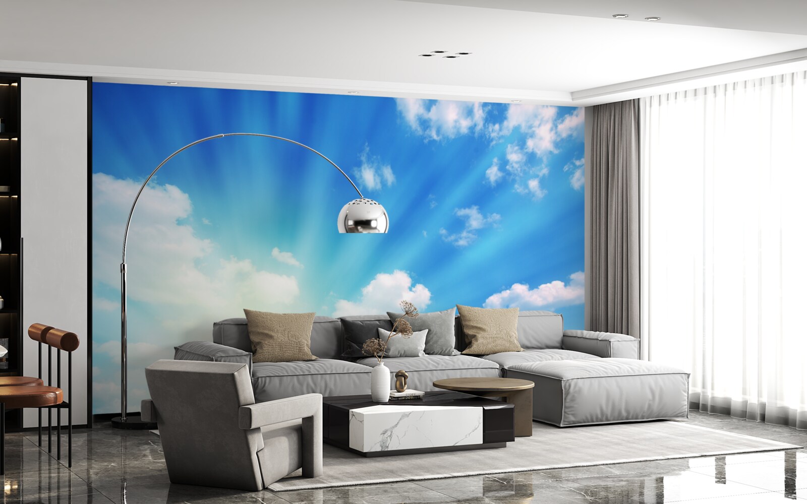 Fototapeten Die hellen Sonnenstrahlen scheinen am blauen Himmel