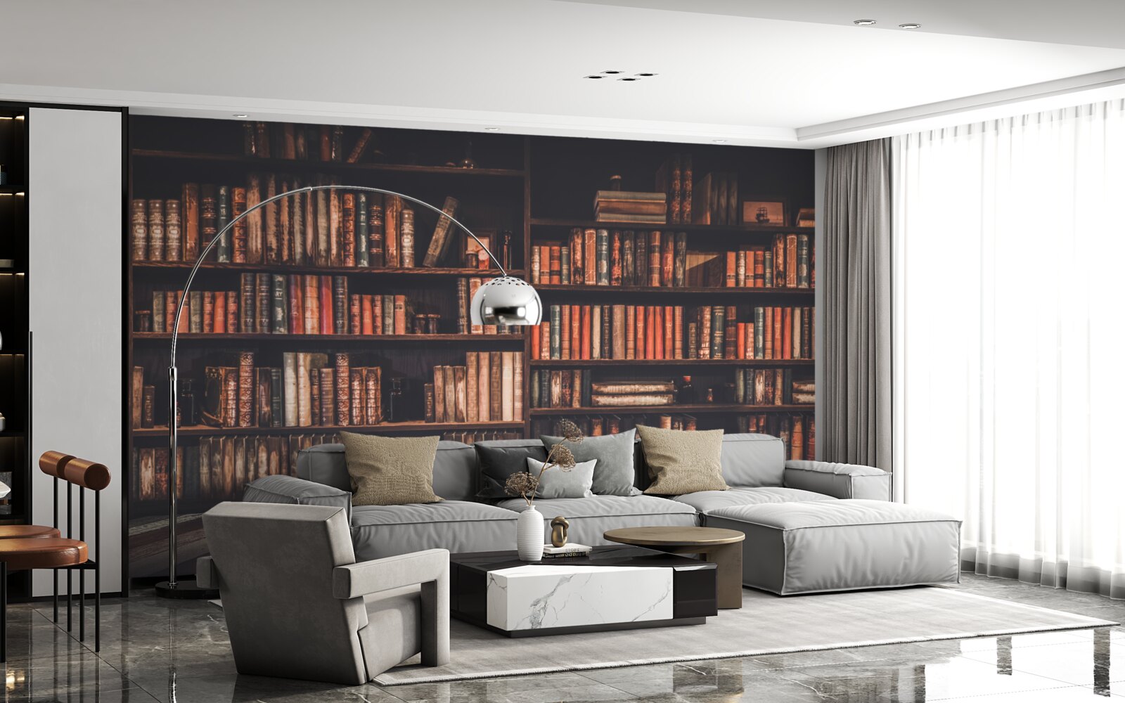 Fototapeten Bücher stapelten sich in den Regalen