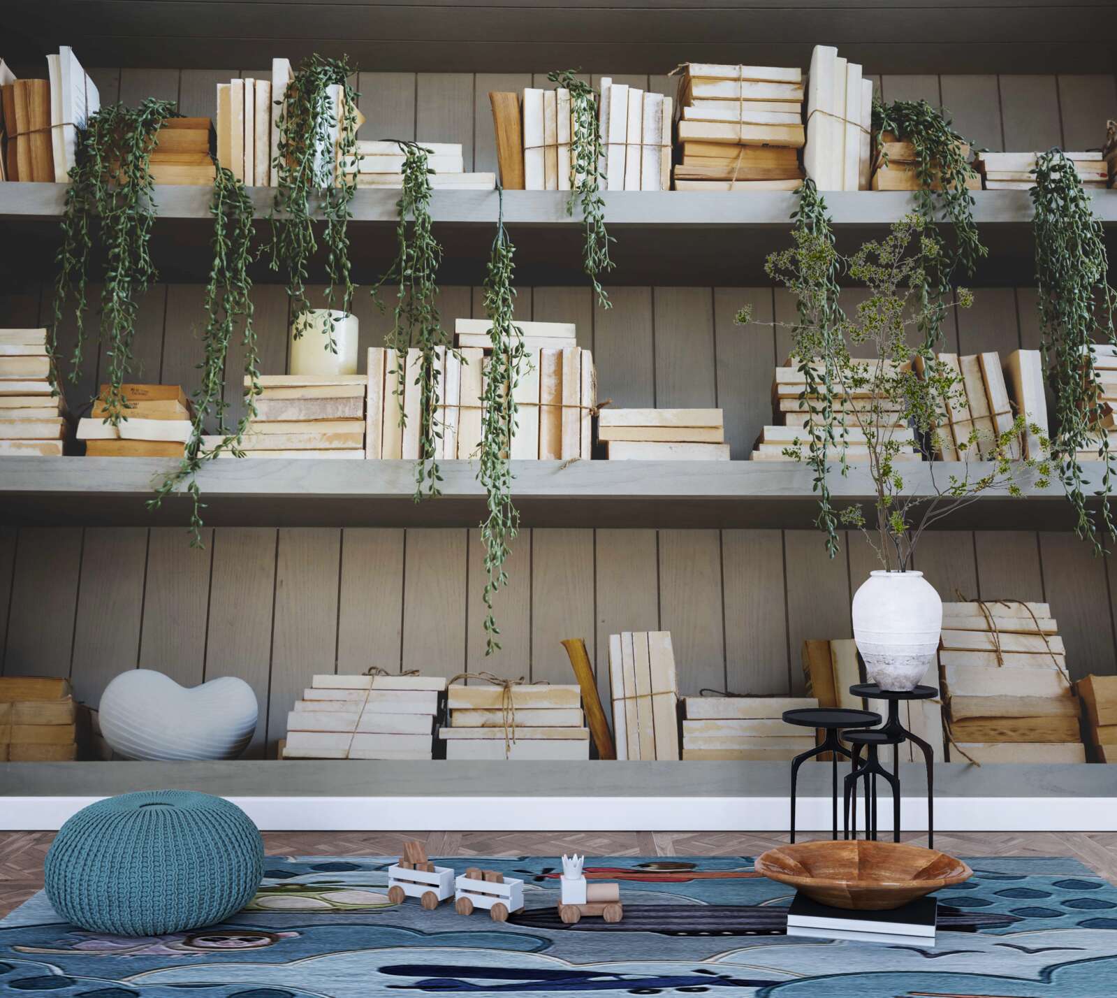 Fototapeten Regale mit Büchern und grünen Pflanzen schaffen eine gemütliche Atmosphäre