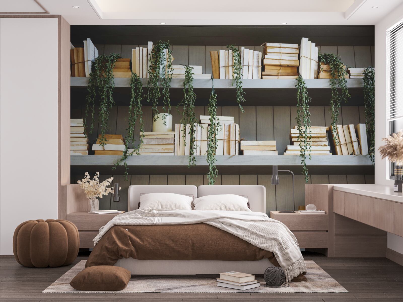 Fototapeten Regale mit Büchern und grünen Pflanzen schaffen eine gemütliche Atmosphäre