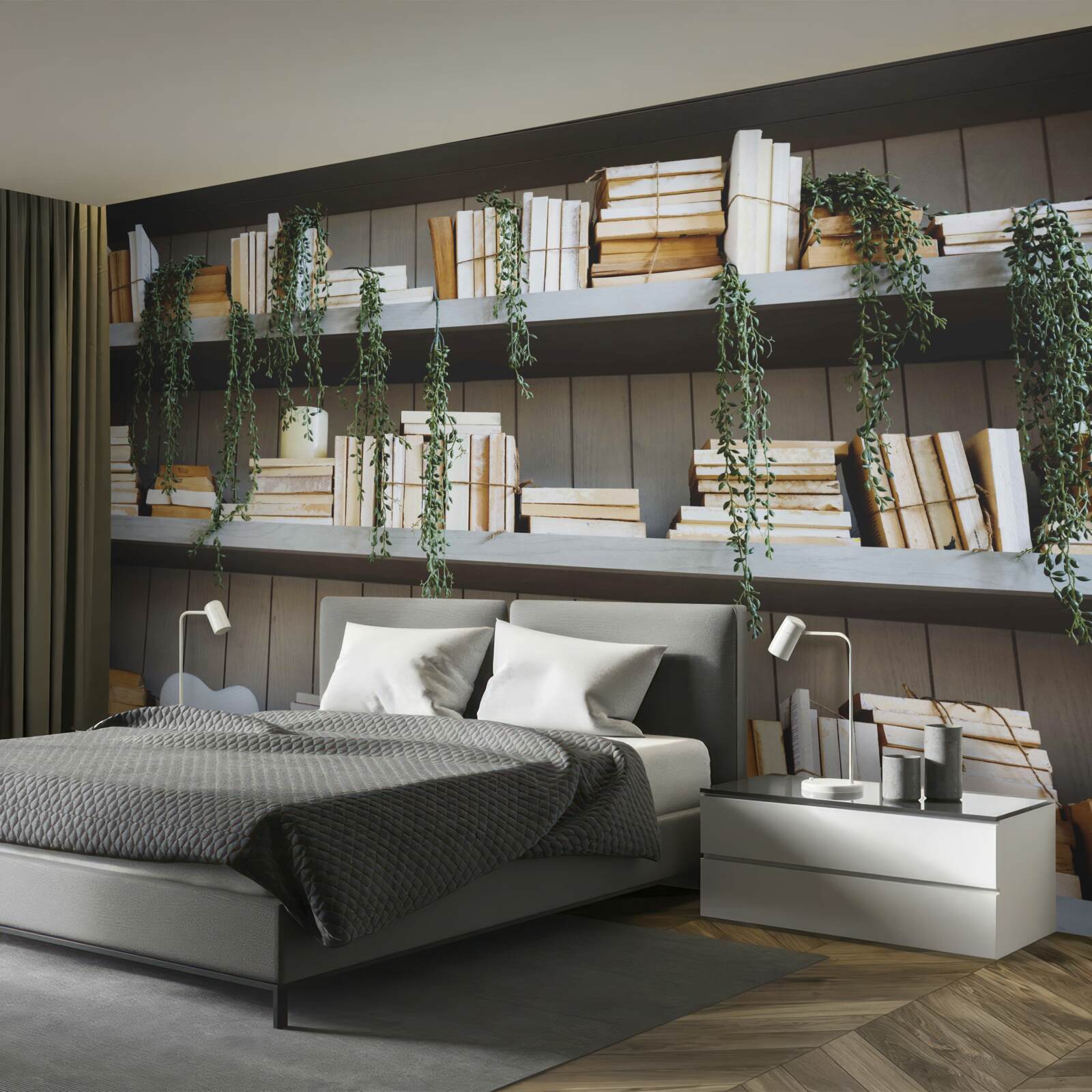 Fototapeten Regale mit Büchern und grünen Pflanzen schaffen eine gemütliche Atmosphäre