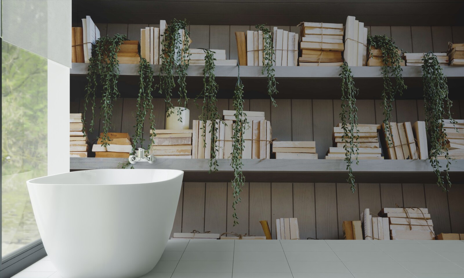 Fototapeten Regale mit Büchern und grünen Pflanzen schaffen eine gemütliche Atmosphäre