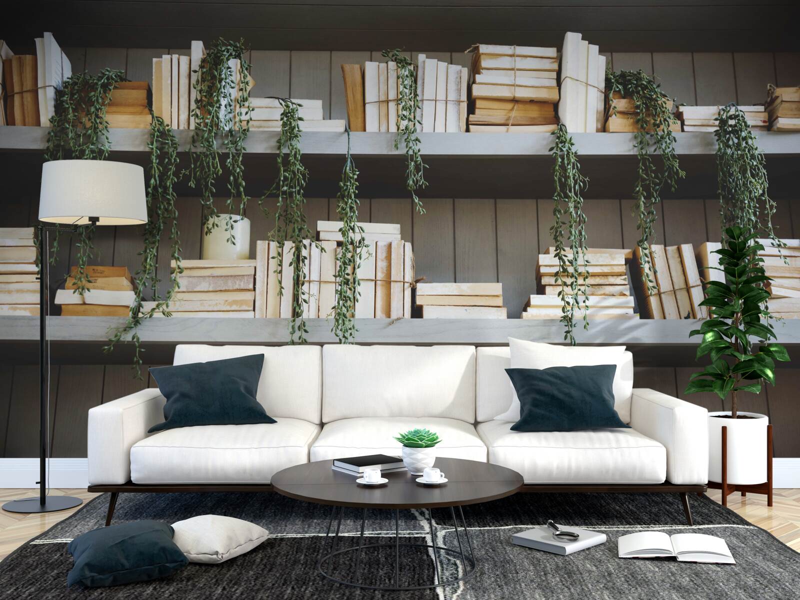 Fototapeten Regale mit Büchern und grünen Pflanzen schaffen eine gemütliche Atmosphäre