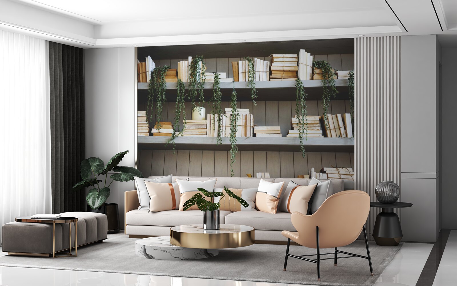 Fototapeten Regale mit Büchern und grünen Pflanzen schaffen eine gemütliche Atmosphäre