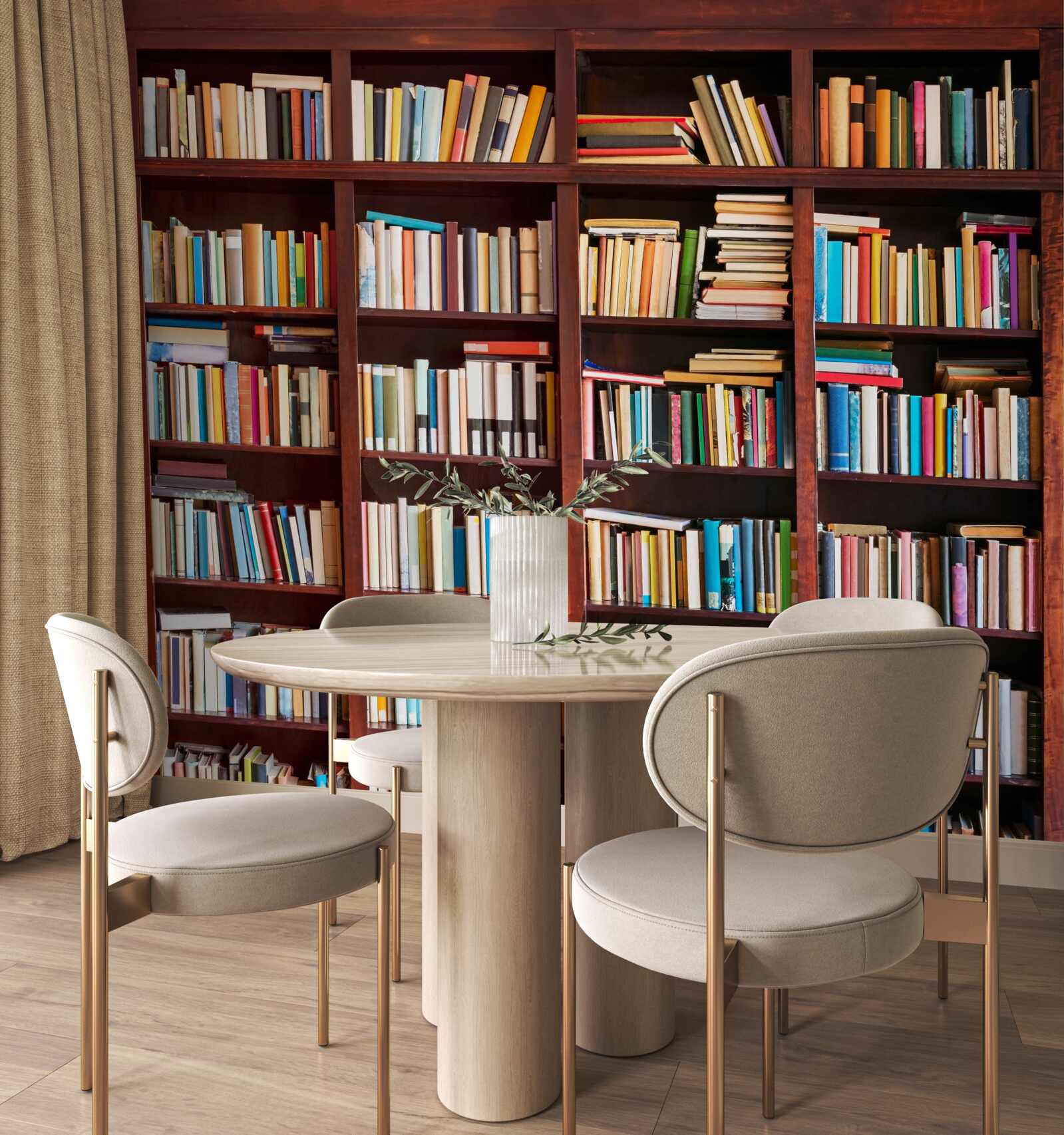 Fototapeten Bücherreihen in verschiedenen Farben in den Regalen