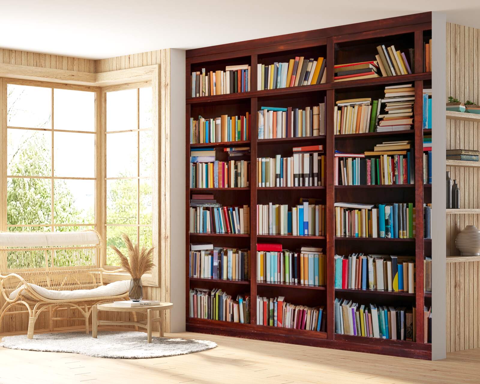 Fototapeten Bücherreihen in verschiedenen Farben in den Regalen