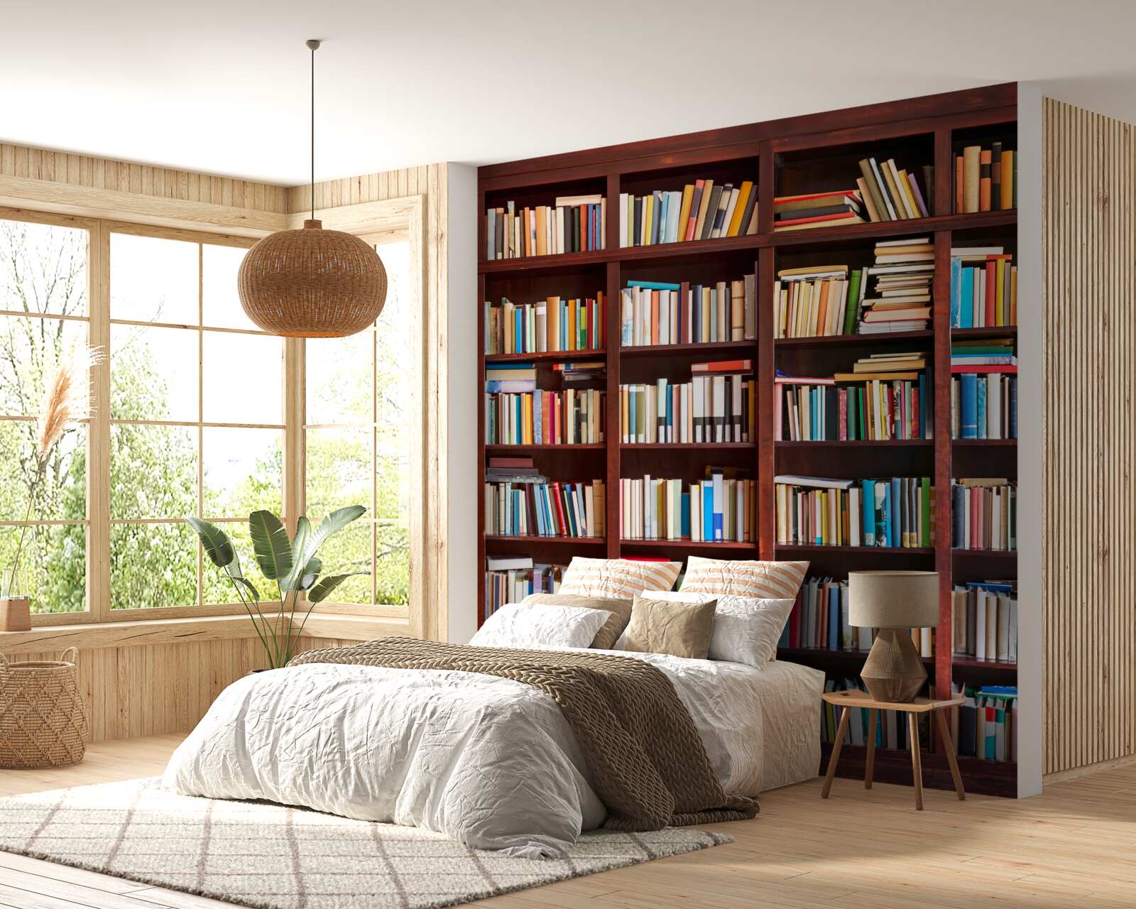 Fototapeten Bücherreihen in verschiedenen Farben in den Regalen