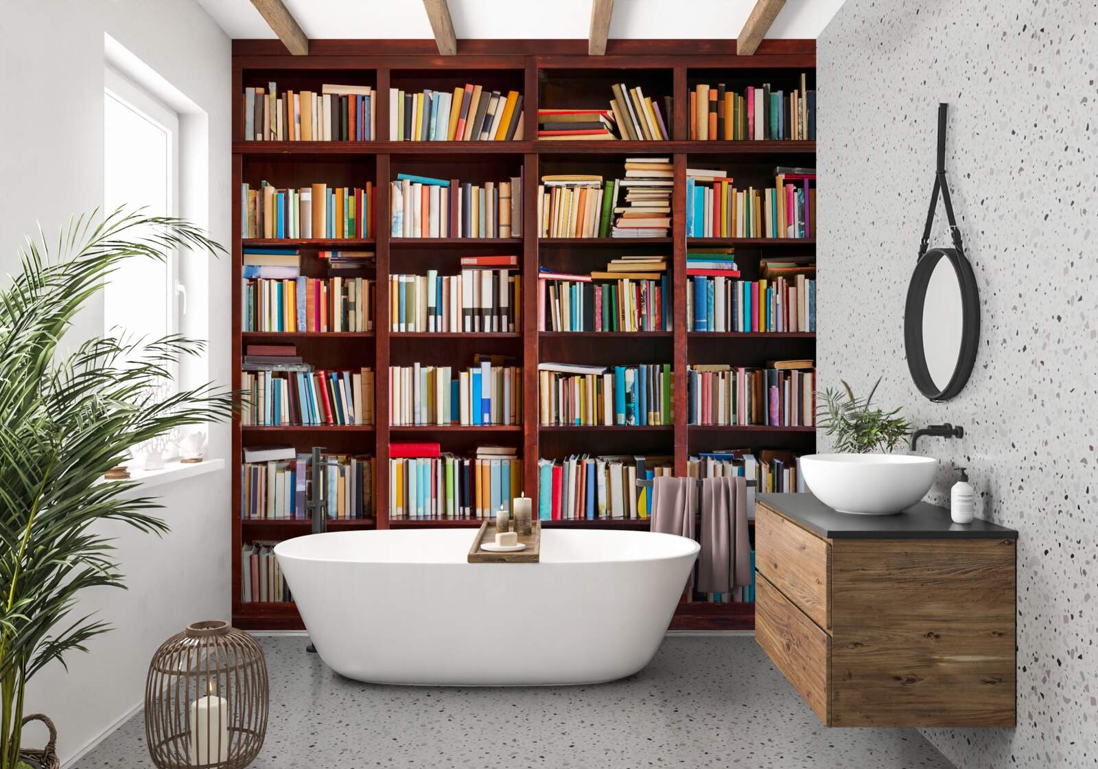 Fototapeten Bücherreihen in verschiedenen Farben in den Regalen