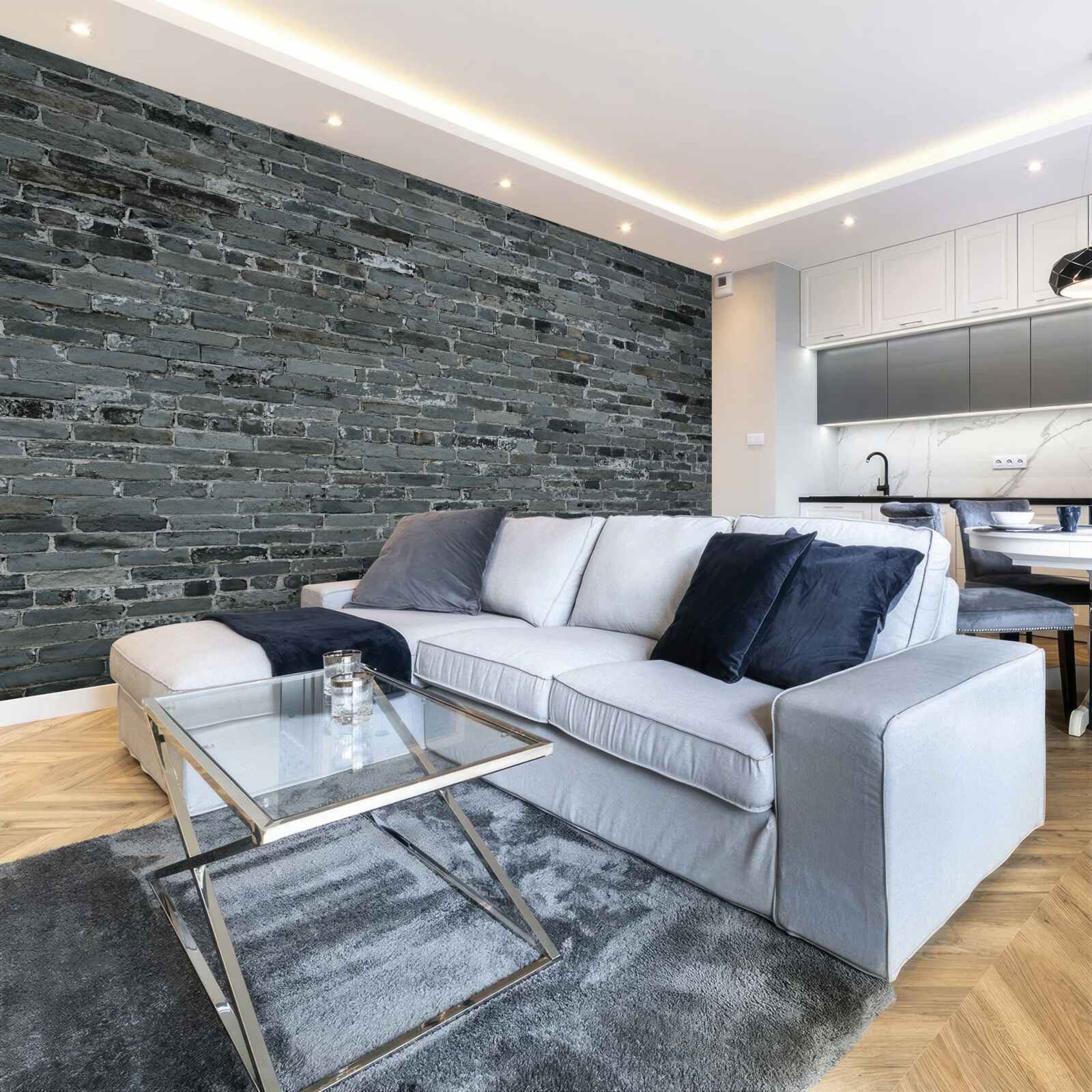 Fototapeten Die Wand aus Ziegel hat einen dunkelgrauen Farbton