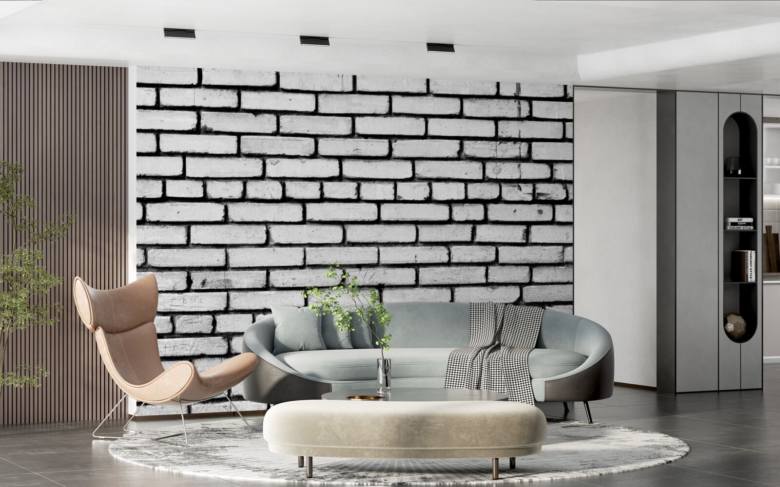 Fototapeten Eine Wand mit weißen Ziegeln dekoriert
