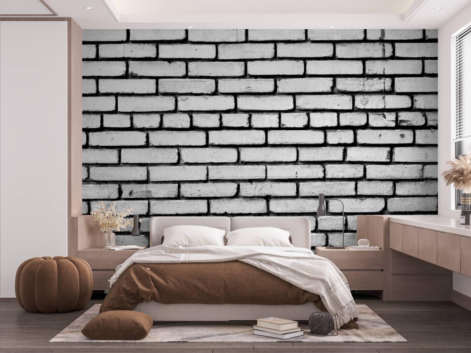 Fototapeten Eine Wand mit weißen Ziegeln dekoriert