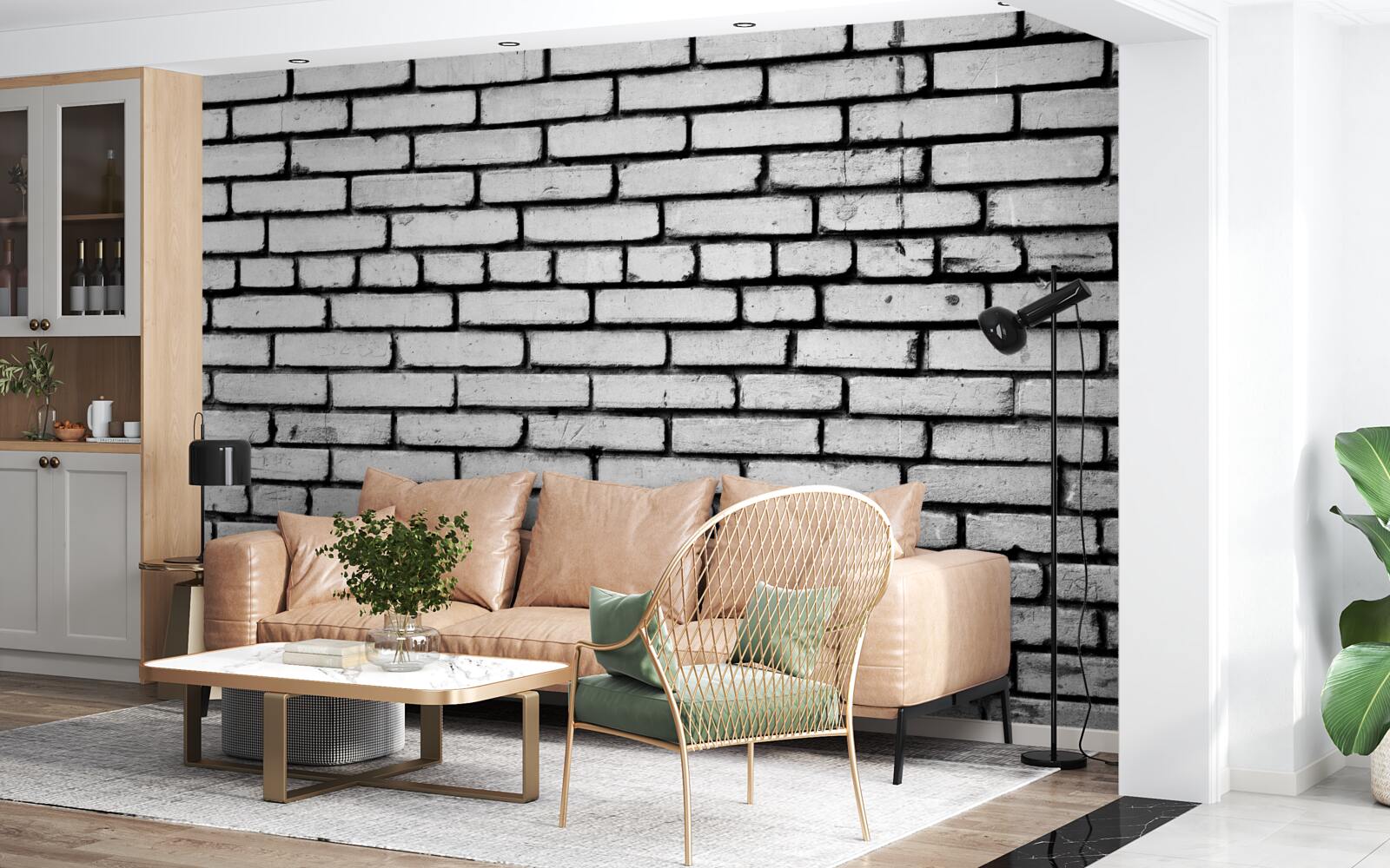 Fototapeten Eine Wand mit weißen Ziegeln dekoriert