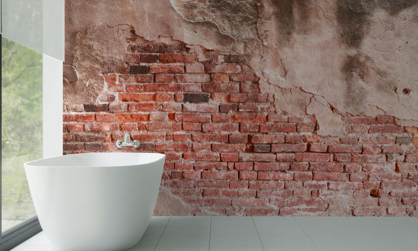 Fototapeten Eine mit zerkleinernde Ziegeln bedeckte Wand