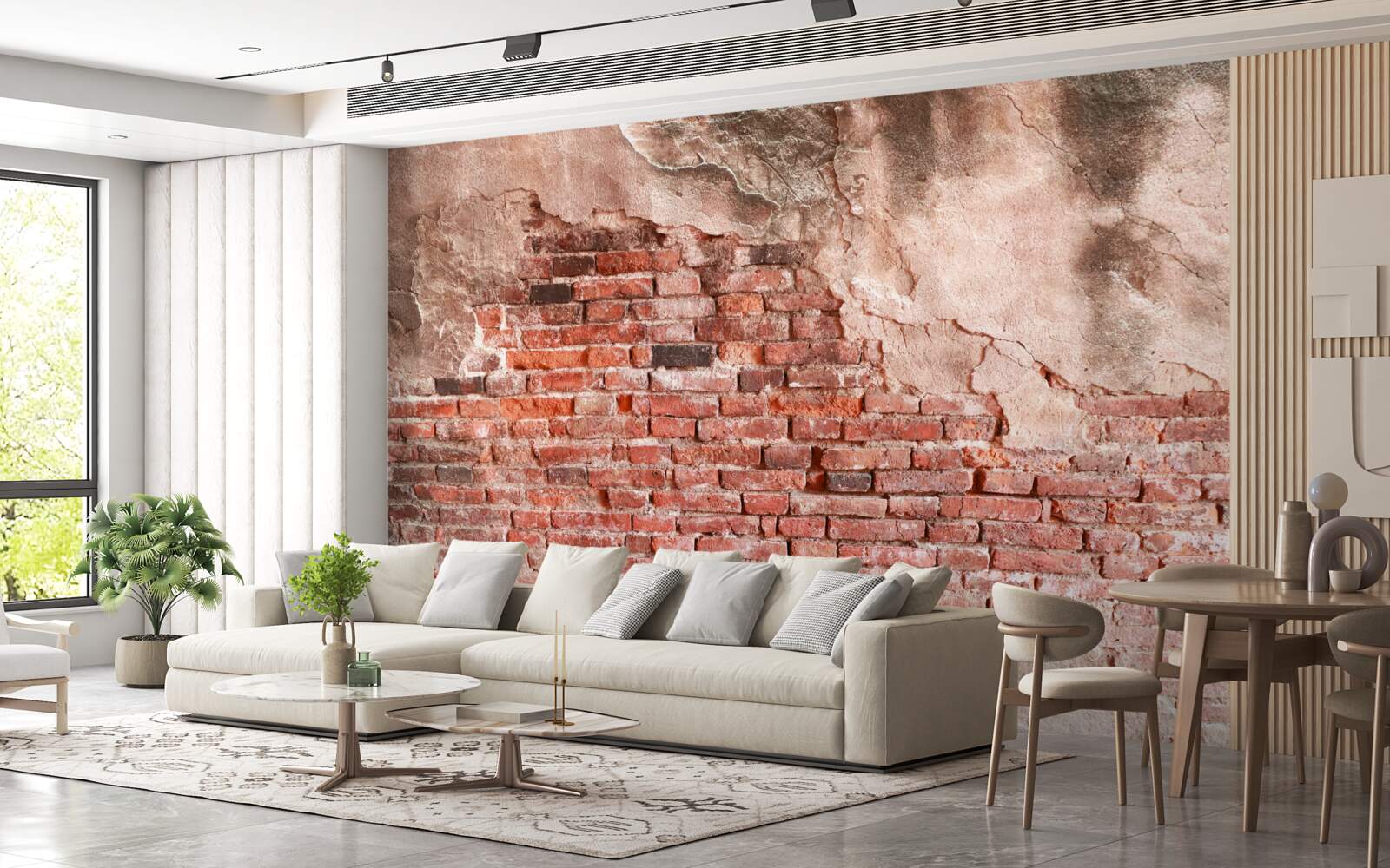 Fototapeten Eine mit zerkleinernde Ziegeln bedeckte Wand