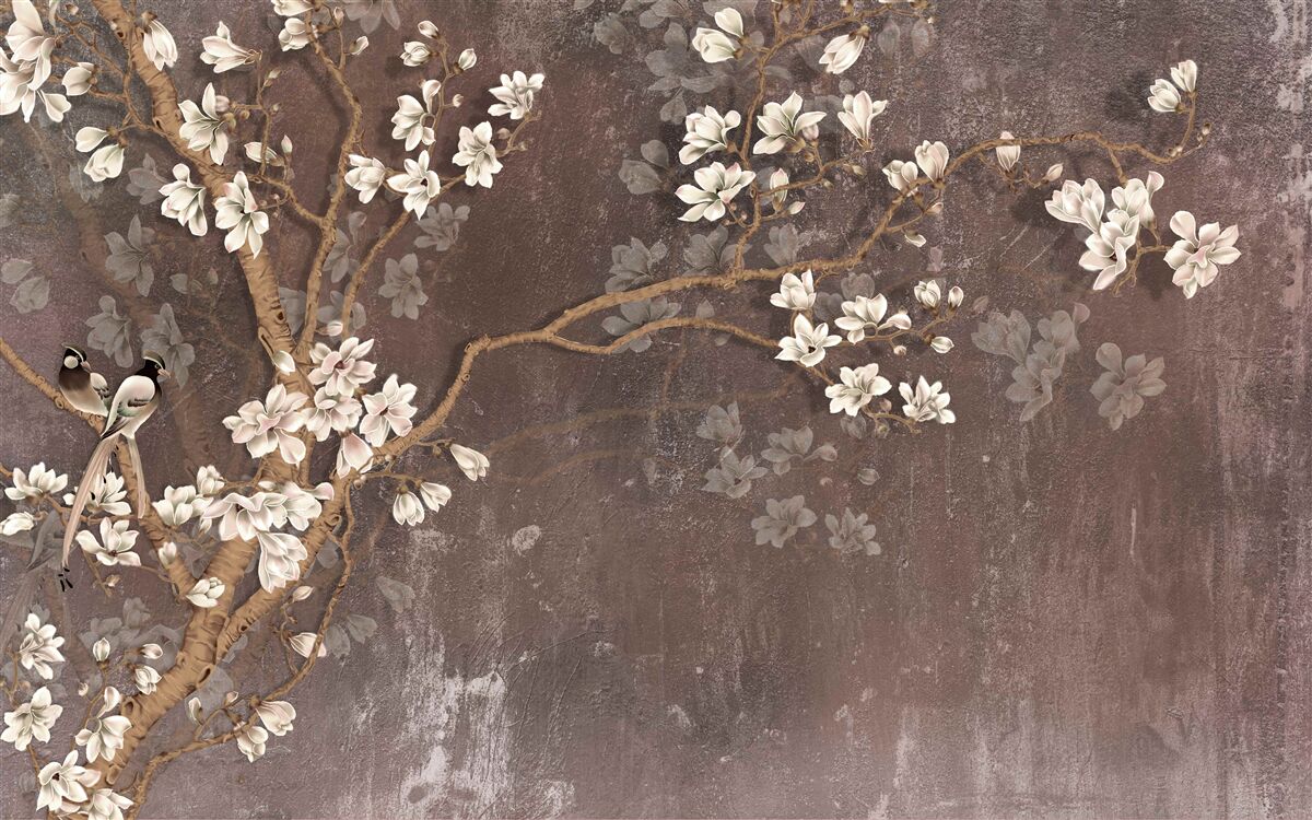 Fototapeten Zwei Vogelkreaturen auf einem Baum mit Blumen gekrönt