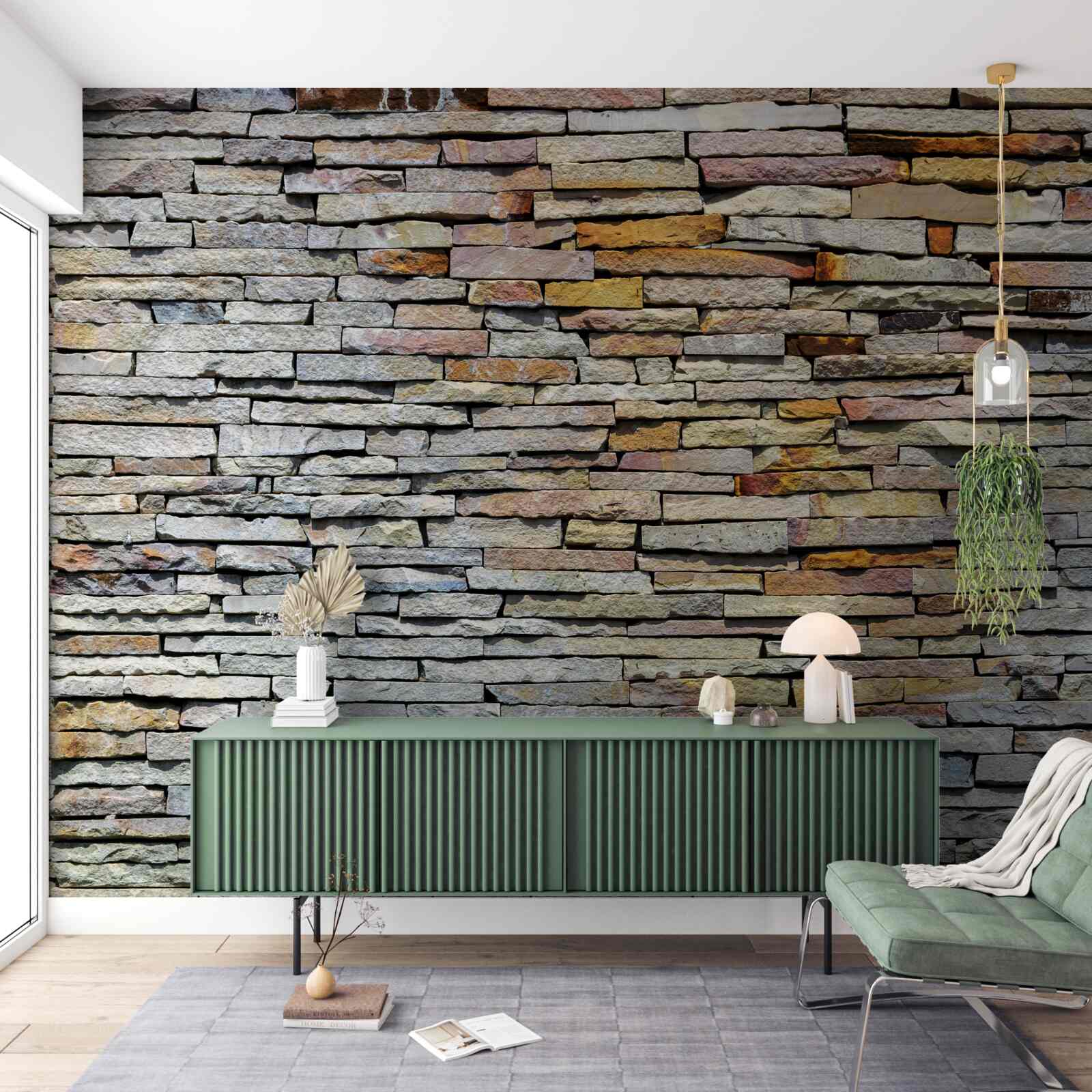 Fototapeten Die mit Steinstreifen bedeckte Wand