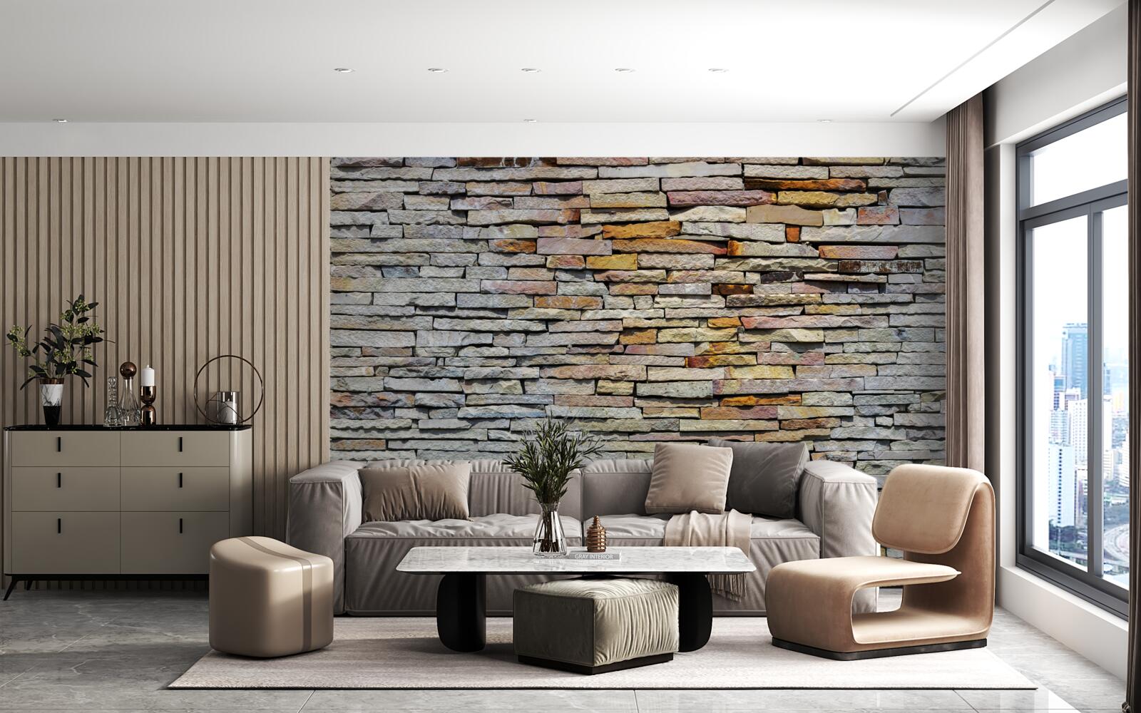 Fototapeten Die mit Steinstreifen bedeckte Wand