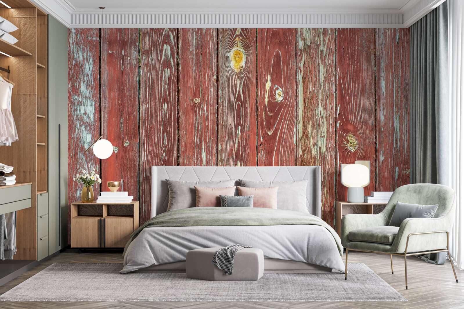 Fototapeten Der hölzerne Hintergrund ist rot und hat einen antiken Look