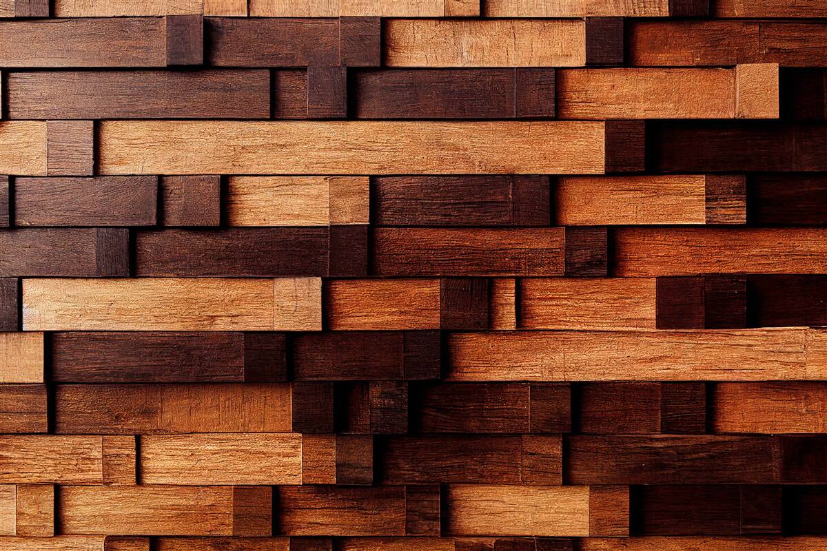Fototapeten Eine Wand aus Holzbalken in dunkelbraunen und hellbraunen Schatten versammelt