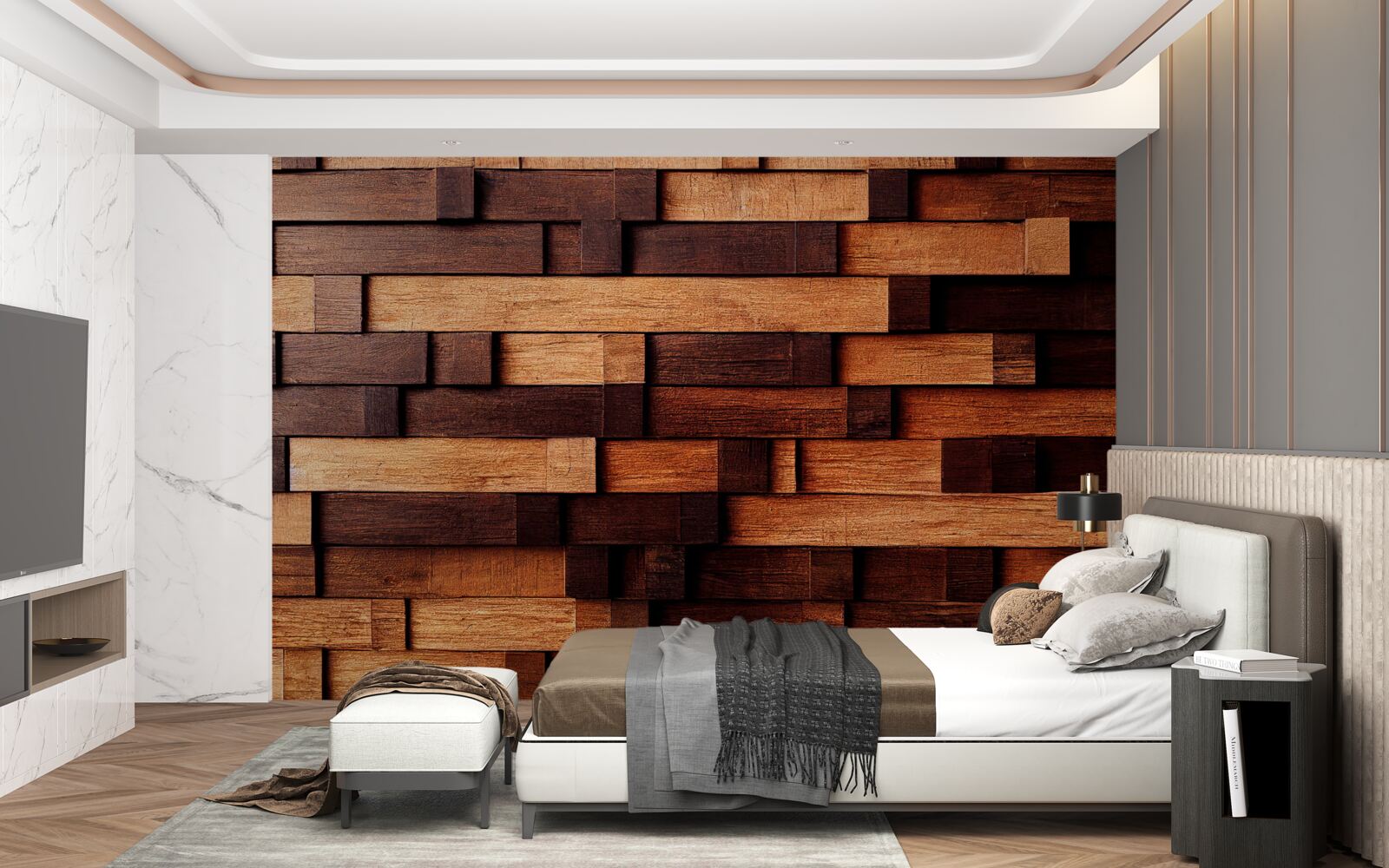 Fototapeten Eine Wand aus Holzbalken in dunkelbraunen und hellbraunen Schatten versammelt