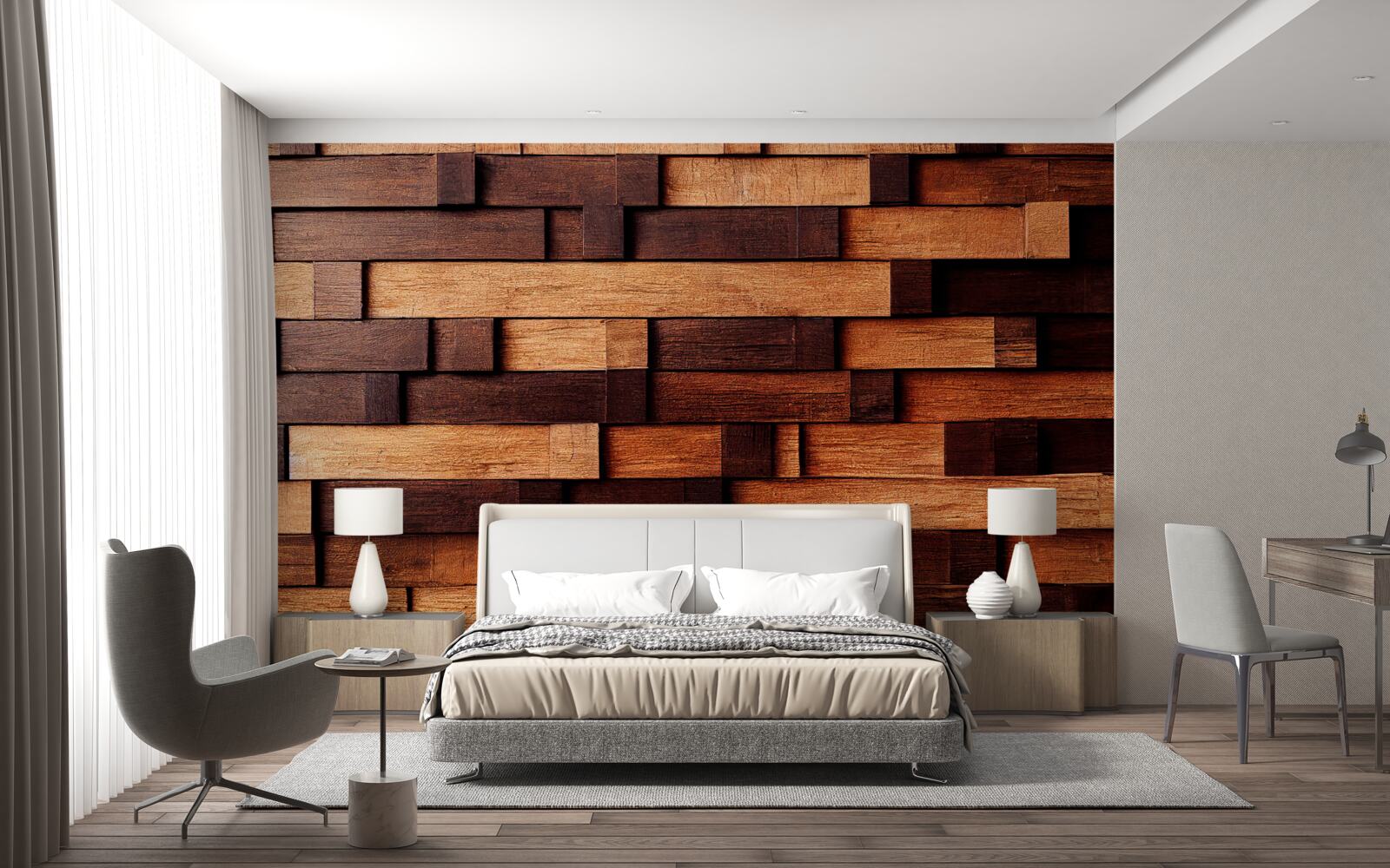Fototapeten Eine Wand aus Holzbalken in dunkelbraunen und hellbraunen Schatten versammelt