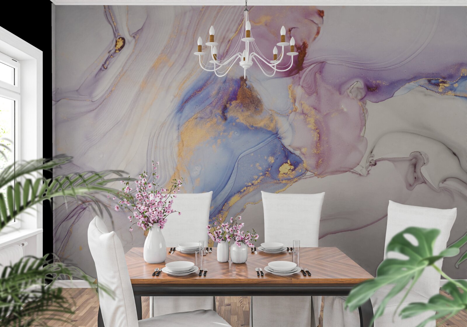 Fototapeten Marmorhintergrund mit einem Aquarell -Bett -Lampenschirm