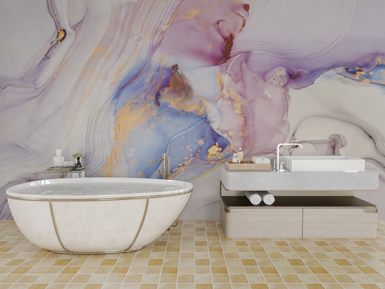 Fototapeten Marmorhintergrund mit einem Aquarell -Bett -Lampenschirm