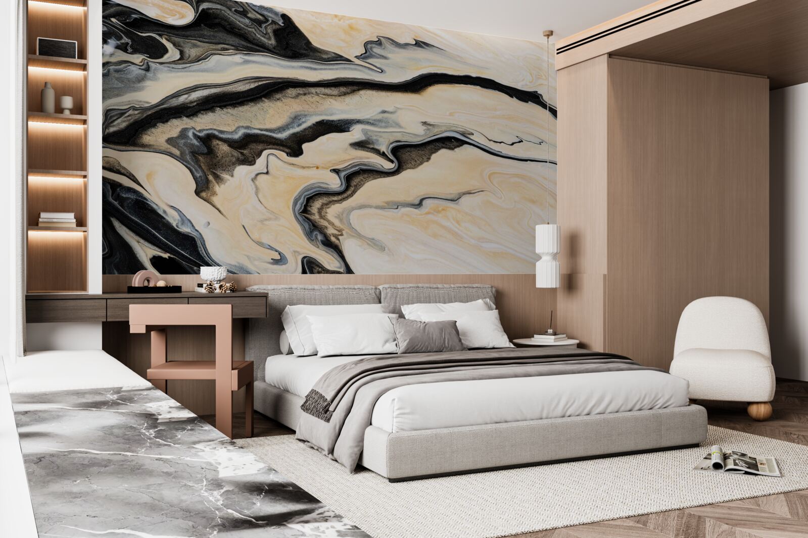 Fototapeten Marmorhintergrund in einem flüssigen beige Farbton