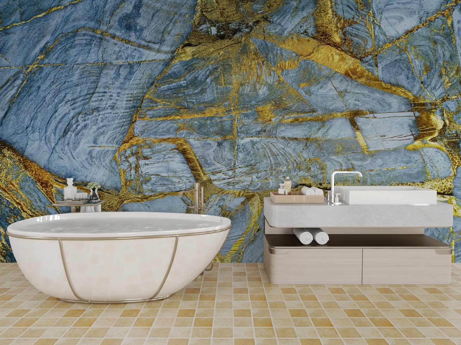 Fototapeten Schneiden mit goldenen Farbtönen auf blauem Hintergrund