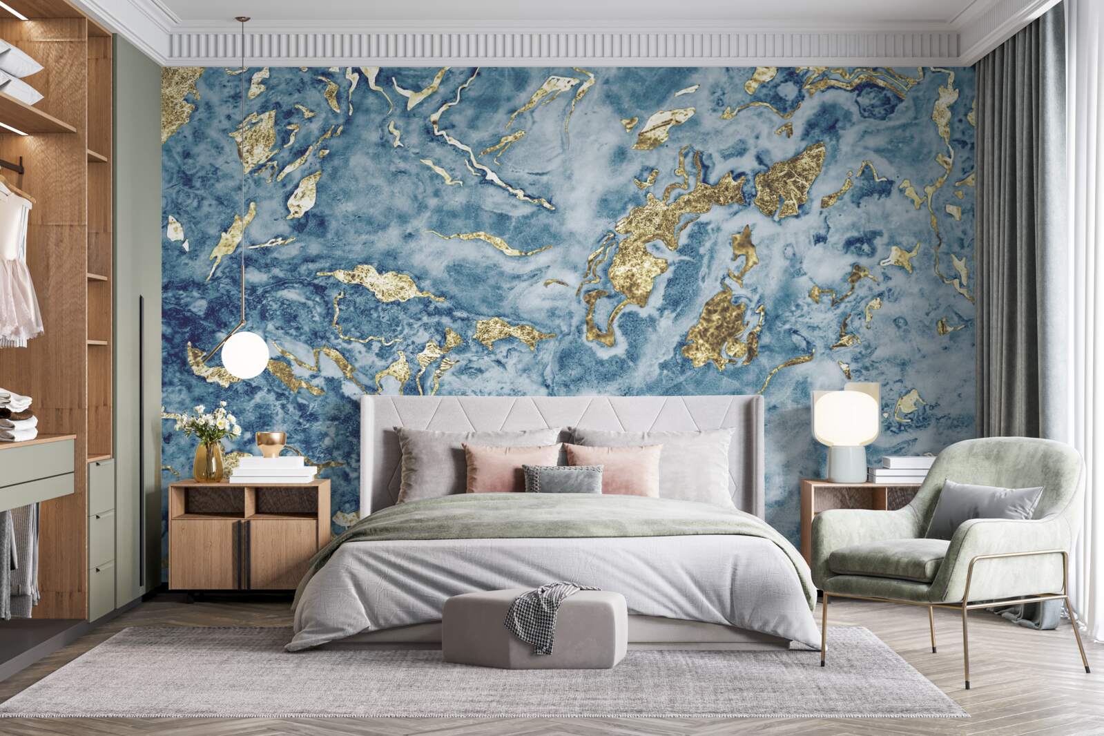 Fototapeten Blauer Marmor mit goldenen Venen