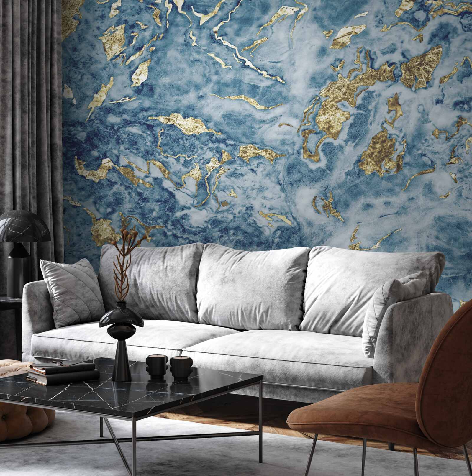 Fototapeten Blauer Marmor mit goldenen Venen