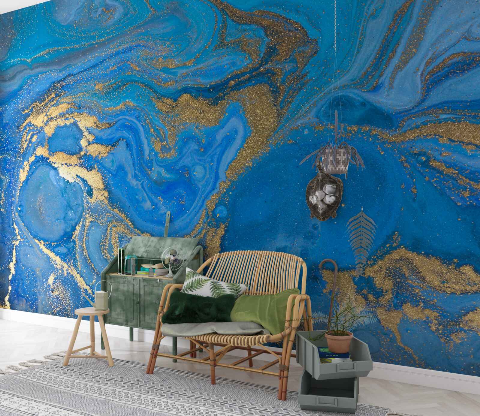 Fototapeten Blau und Gold im Stil des Marmors