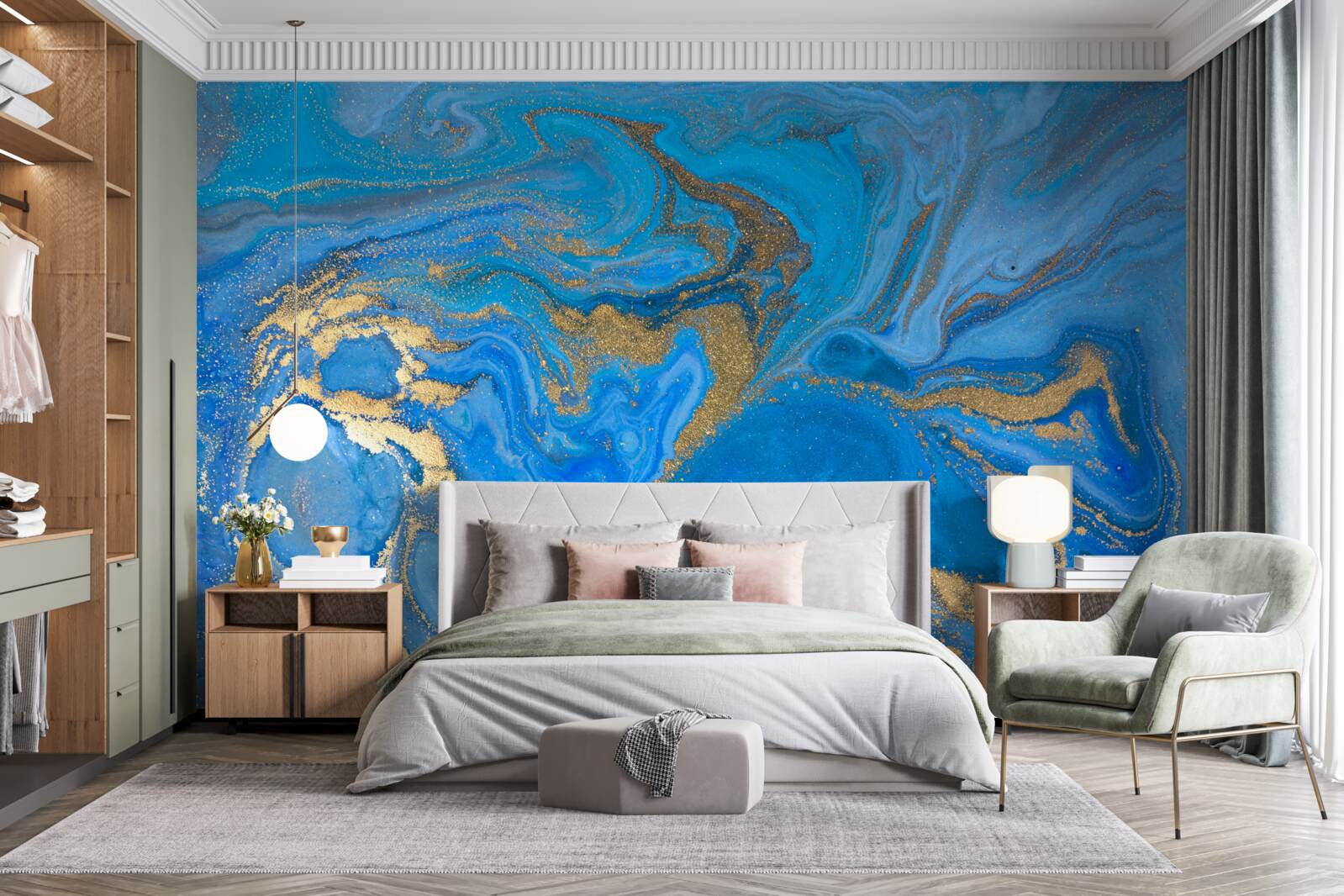 Fototapeten Blau und Gold im Stil des Marmors