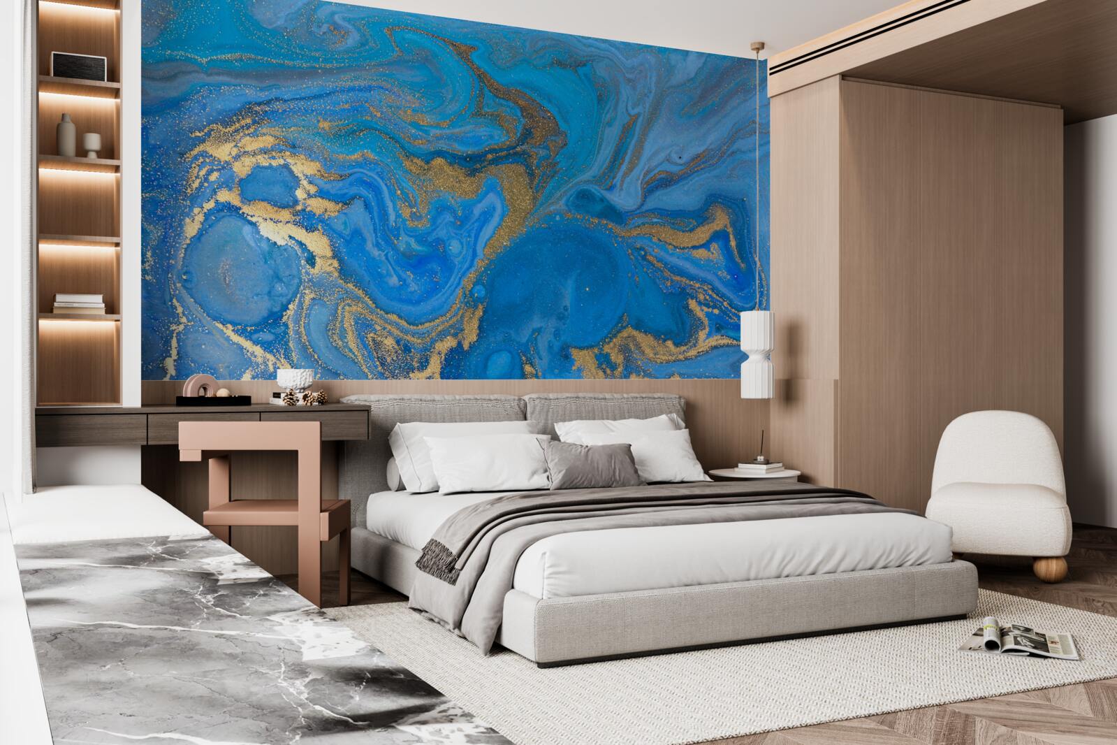 Fototapeten Blau und Gold im Stil des Marmors