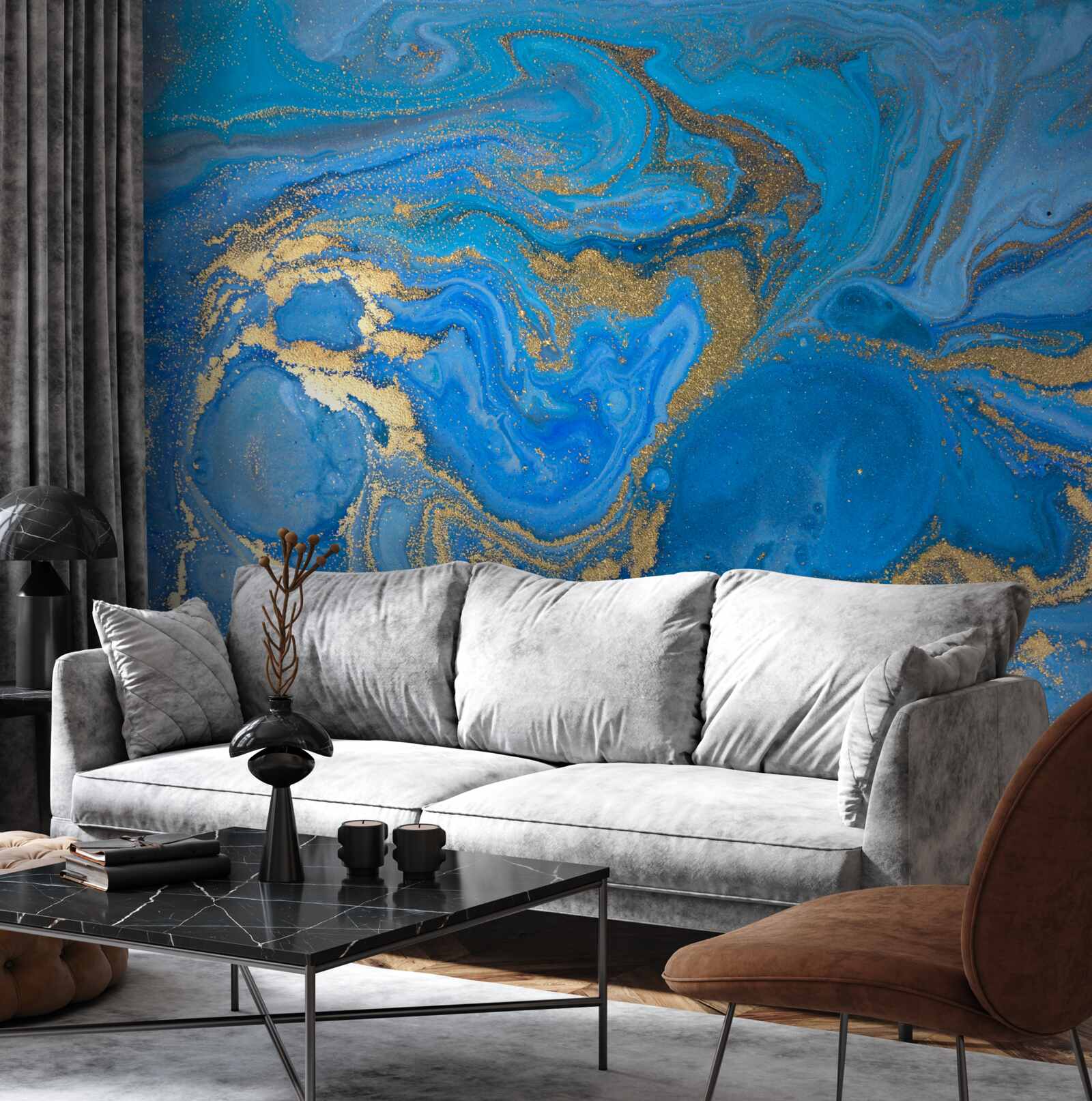 Fototapeten Blau und Gold im Stil des Marmors