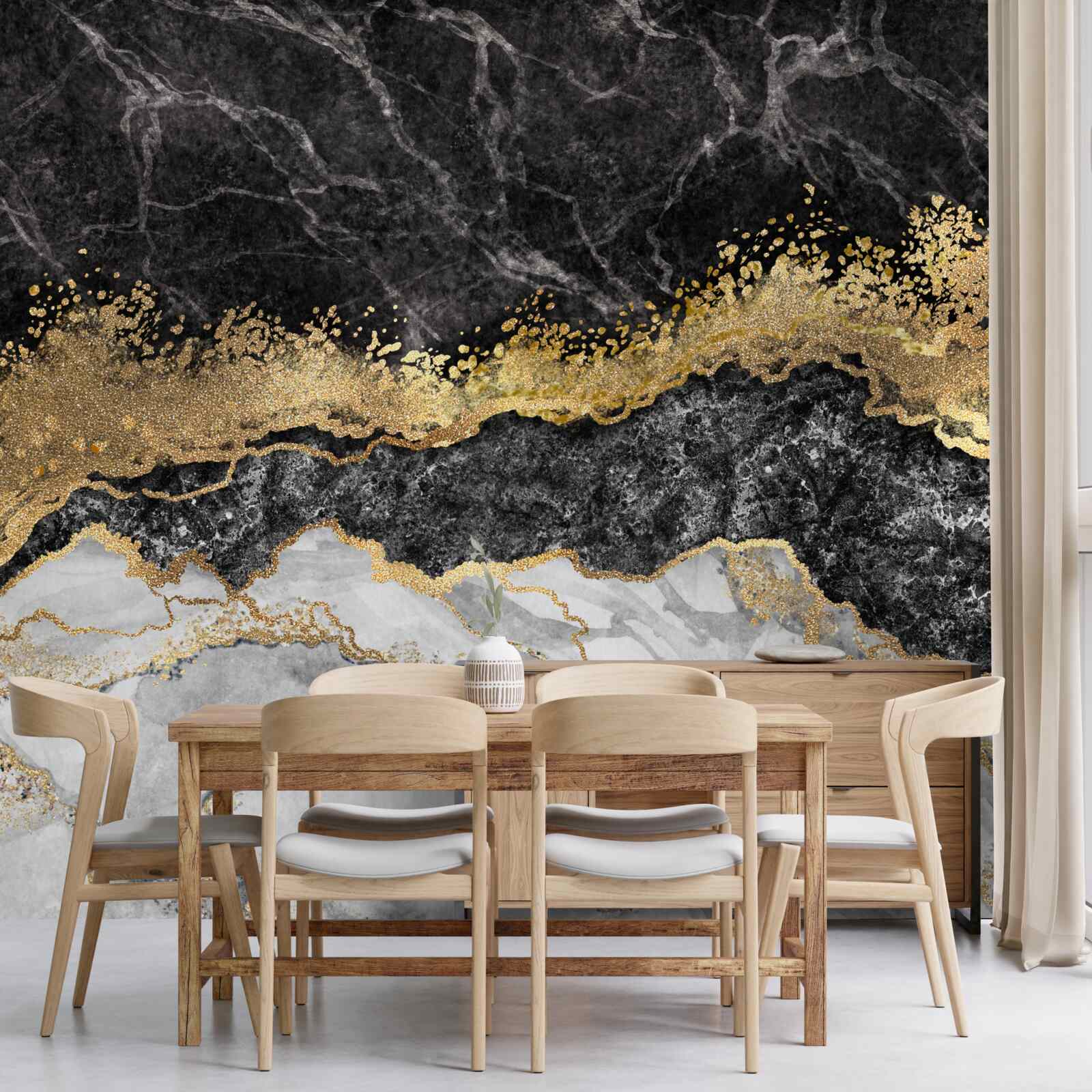 Fototapeten Weißer Marmor mit Schwarz und Gold durchbohrt