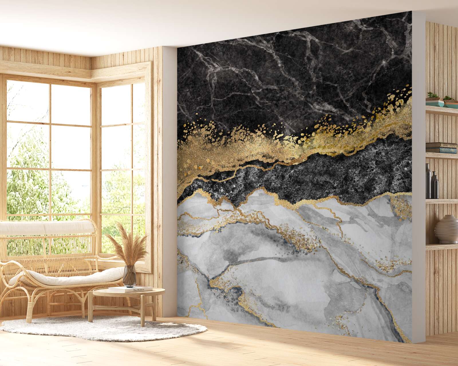 Fototapeten Weißer Marmor mit Schwarz und Gold durchbohrt