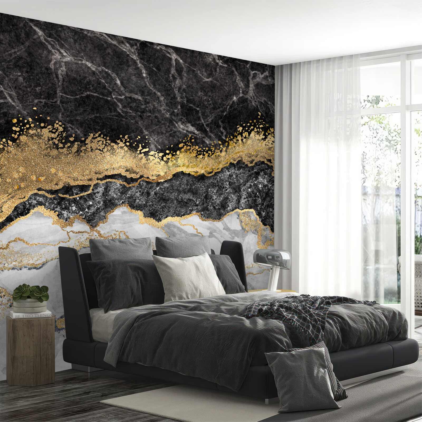 Fototapeten Weißer Marmor mit Schwarz und Gold durchbohrt