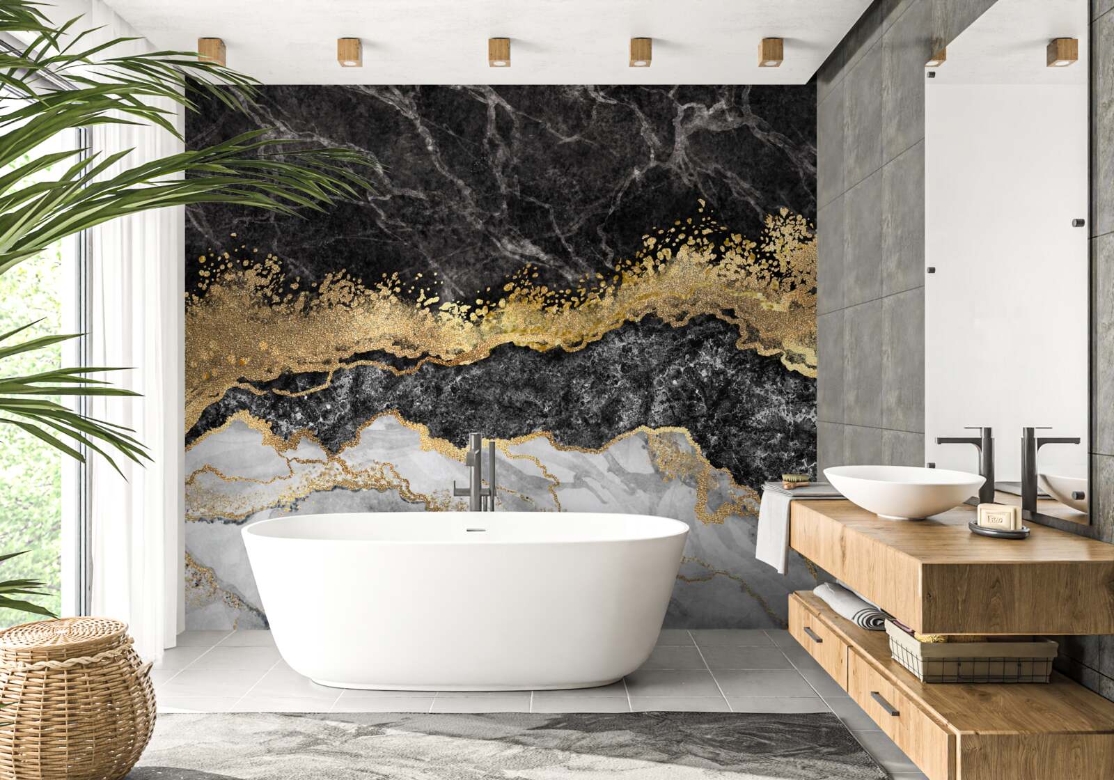 Fototapeten Weißer Marmor mit Schwarz und Gold durchbohrt