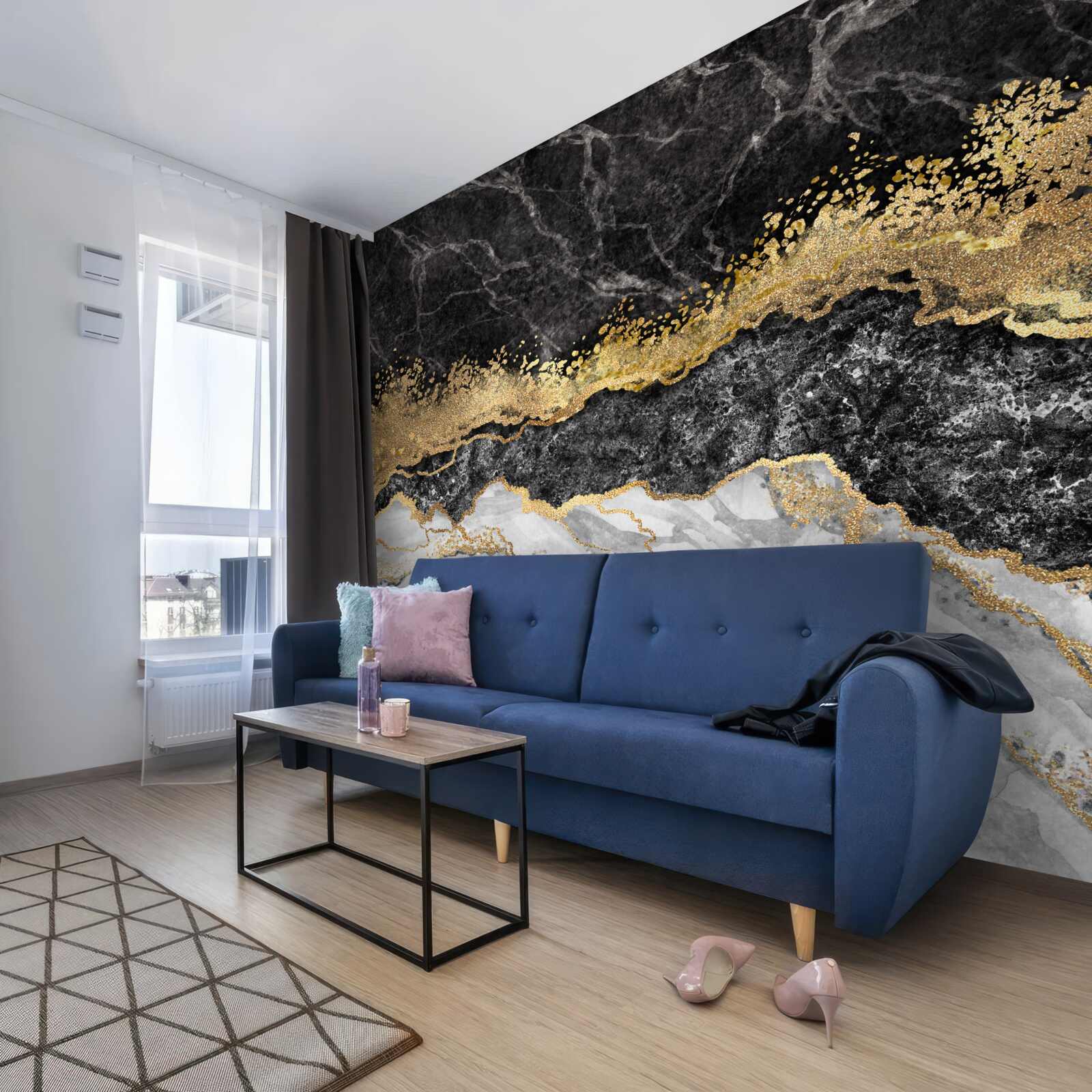 Fototapeten Weißer Marmor mit Schwarz und Gold durchbohrt