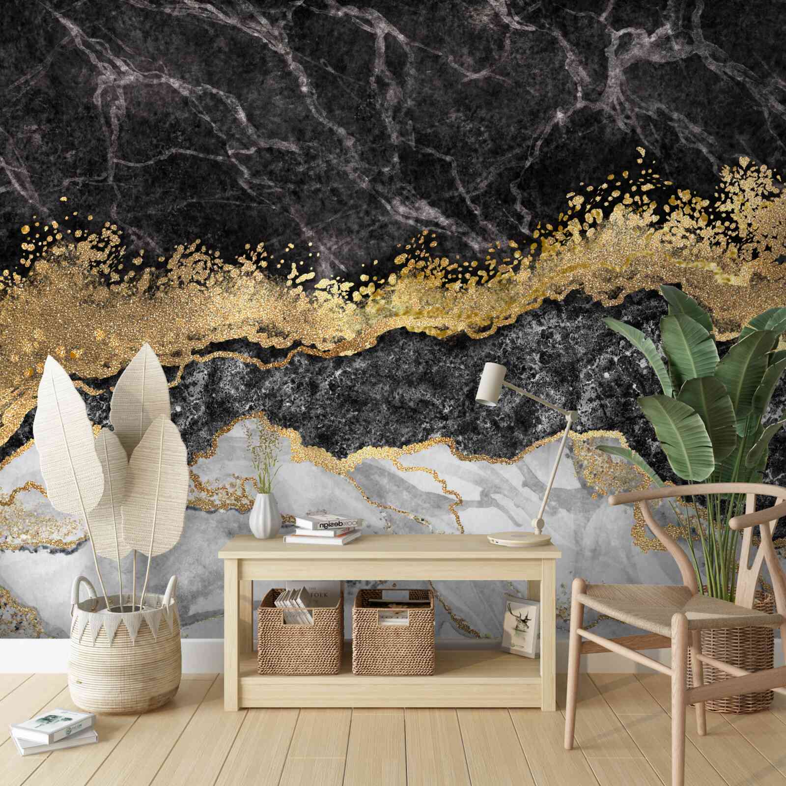 Fototapeten Marmor mit Gold auf schwarzem Hintergrund
