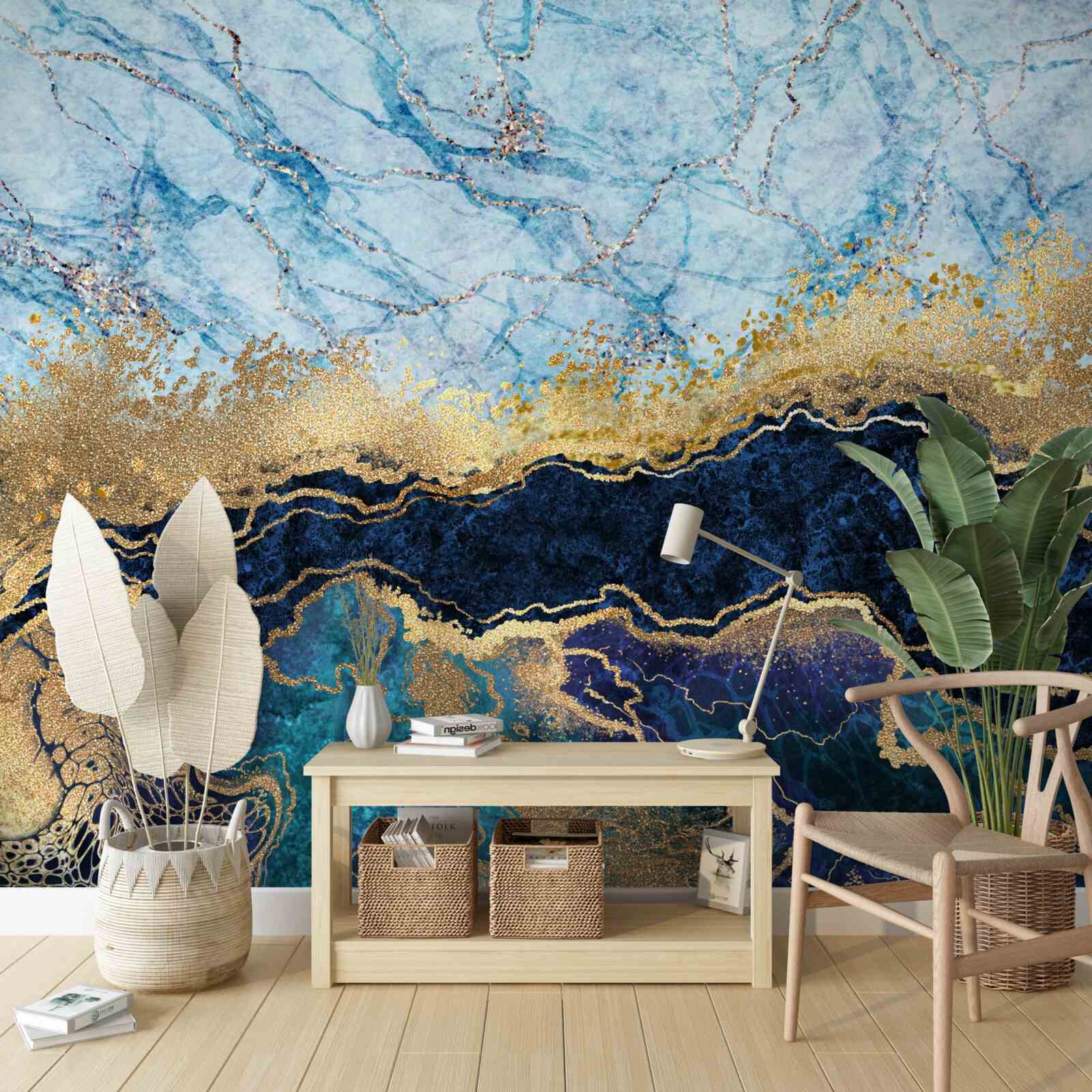 Fototapeten luxuriöser blauer Marmor mit goldenen Adern
