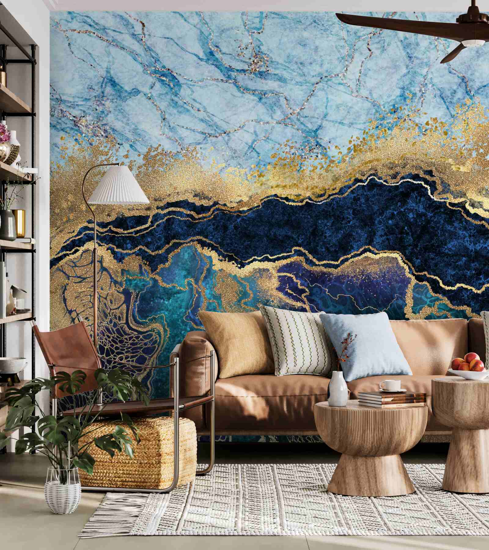 Fototapeten luxuriöser blauer Marmor mit goldenen Adern