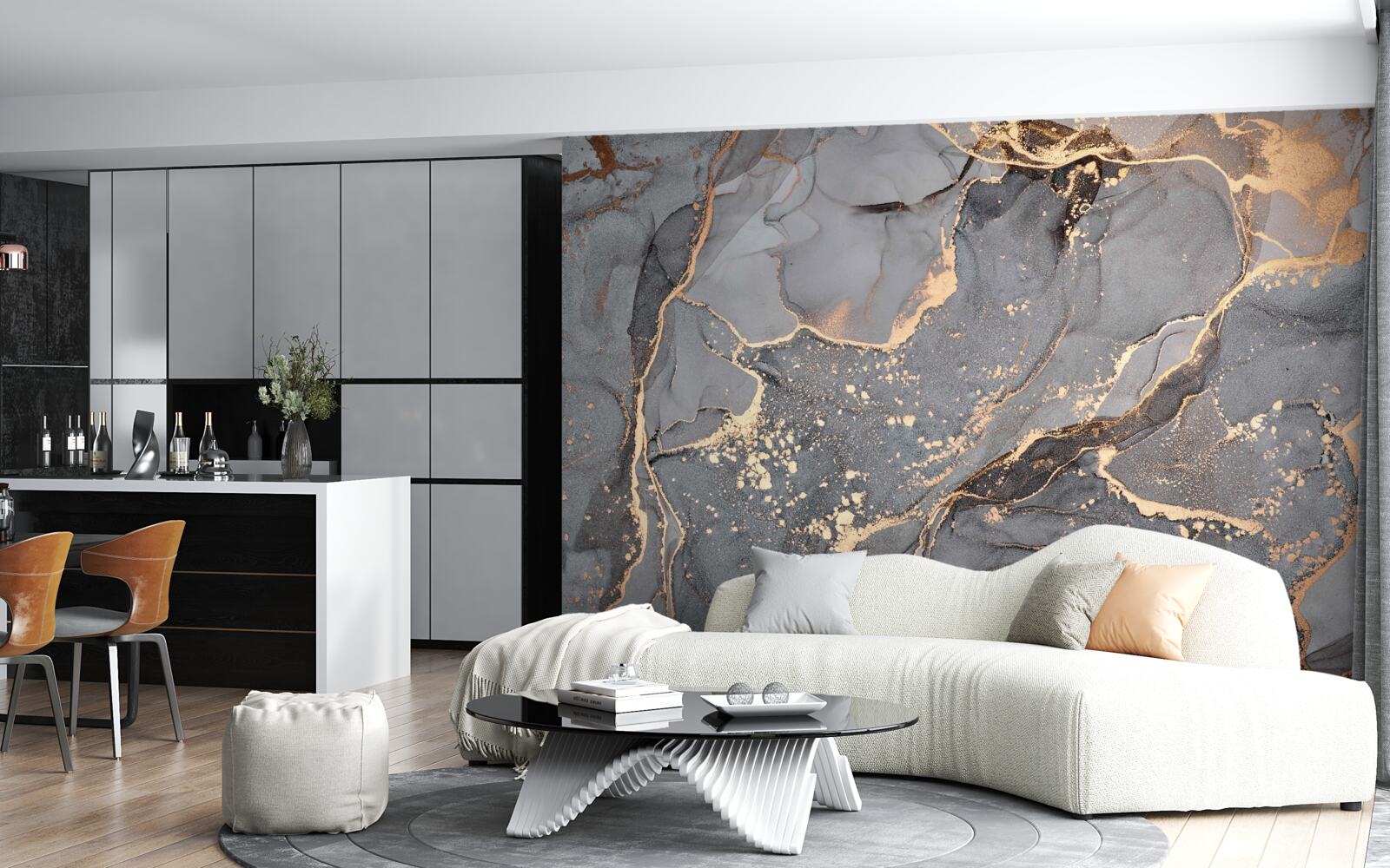 Fototapeten Abstrakte Aquarell -Kreation in Grau- und Goldtönen