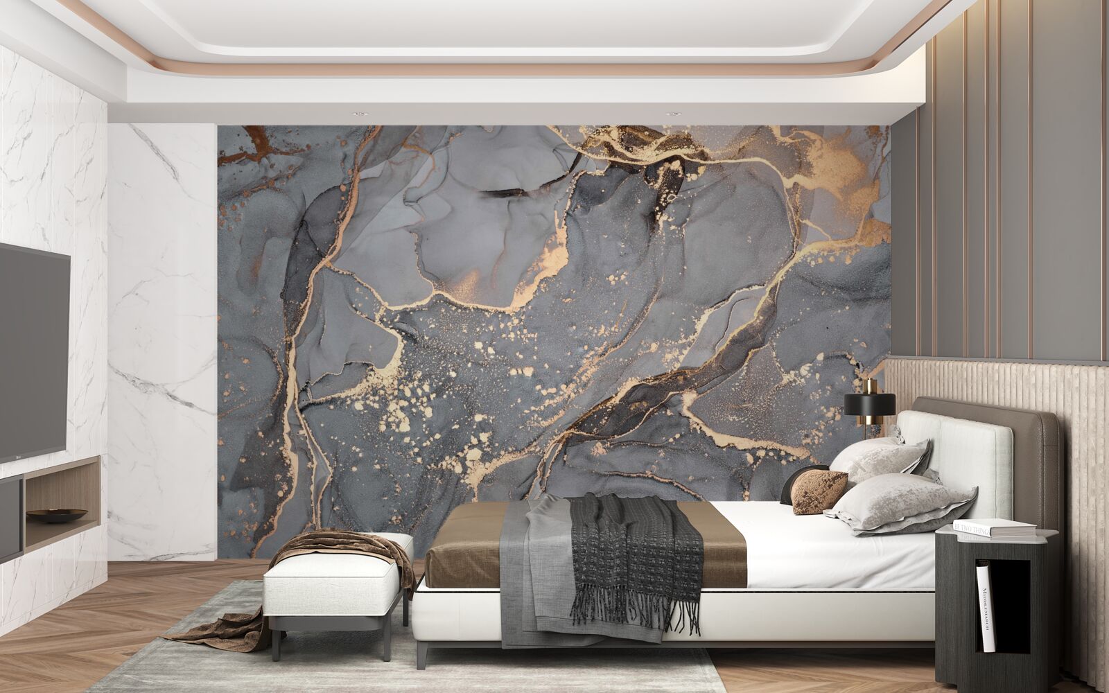 Fototapeten Abstrakte Aquarell -Kreation in Grau- und Goldtönen