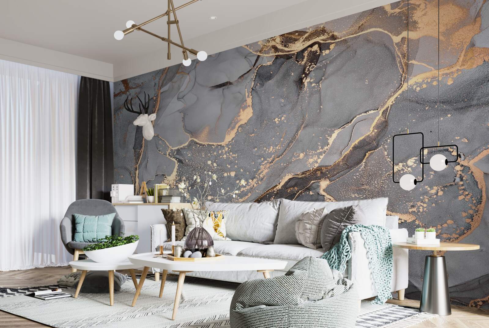 Fototapeten Abstrakte Aquarell -Kreation in Grau- und Goldtönen