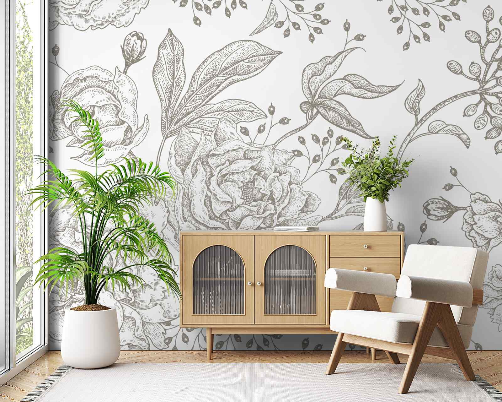 Fototapeten Rose und andere Blumen werden auf einem weißen Hintergrund präsentiert
