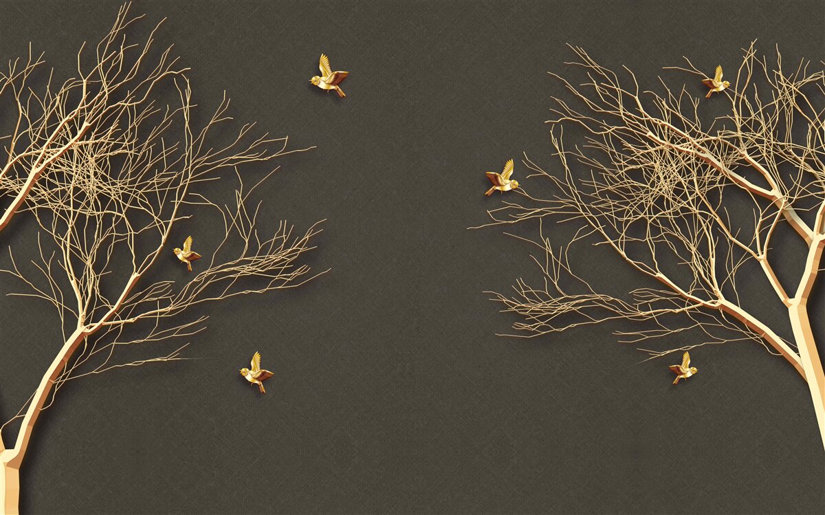 Fototapeten Goldene Bäume und Schmetterlinge gegen die Dunkelheit des Nachthimmels
