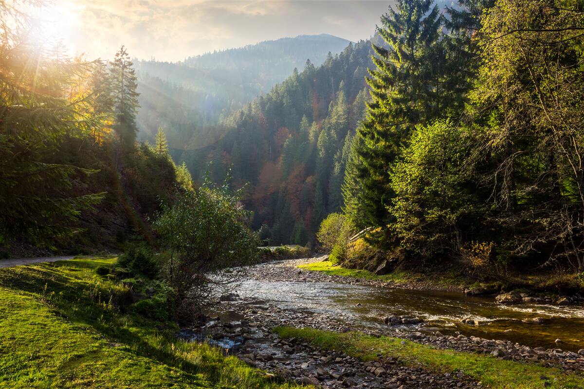 Fototapeten Buntes Bergweg bei Sonnenaufgang